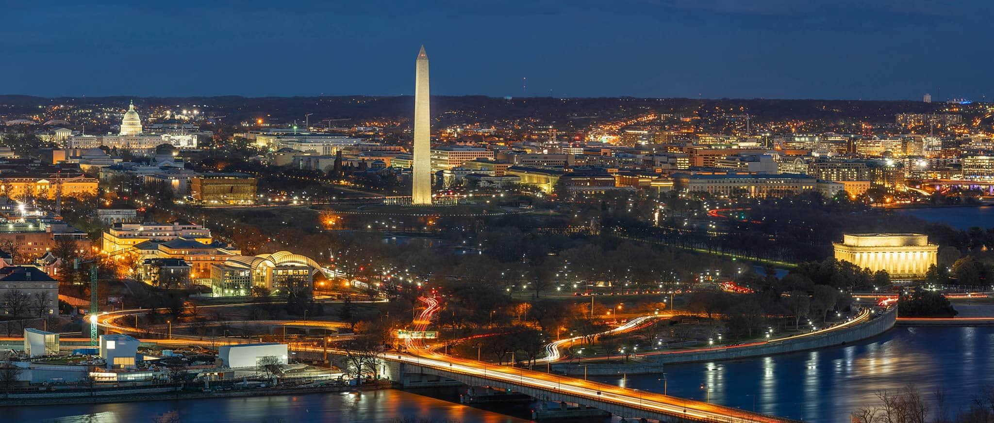 An aerial view of Washington DC at night